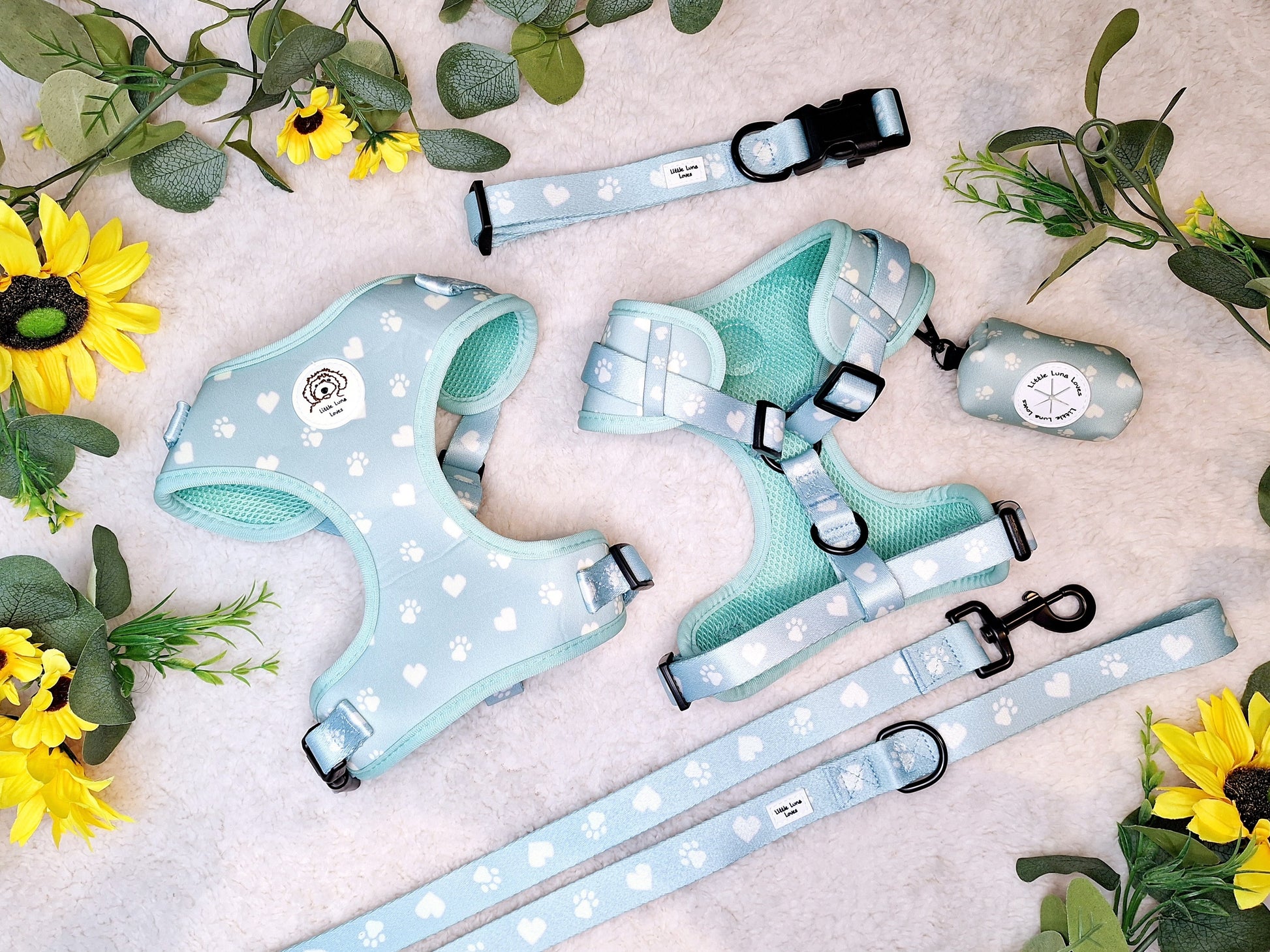 Adjustable green dog harness, with matching collar, lead and poop bag holder