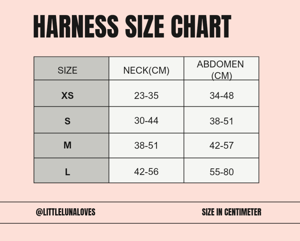 Harness size chart with neck and abdomen measurements on a pink background
