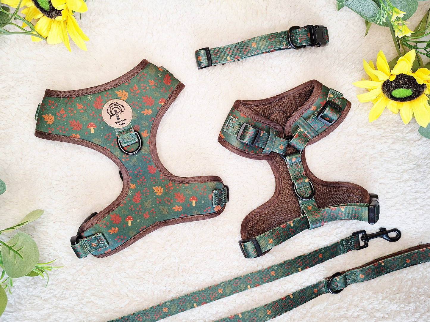 Adjustable Dog harness with front and back view, collar and a lead on a white background with flowers