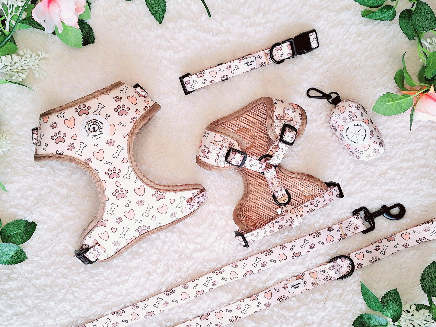 Adjustable Neoprene dog harness, with matching collar, lead and poop bag holder