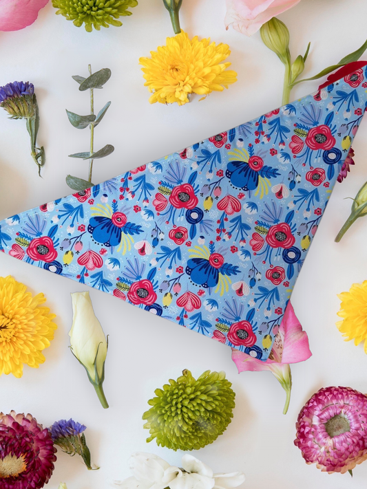dog bandana with blue and red flowers