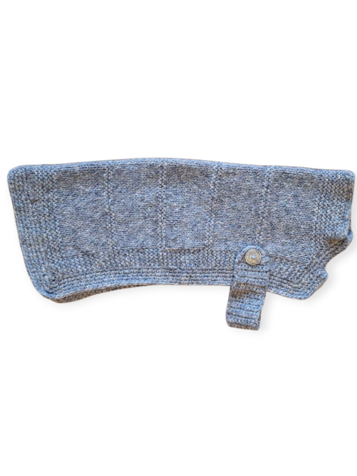 A blue hand knitted dog jumper with a visible button and strap, designed to fit a dog with a 44cm waist size and a 38cm back length.