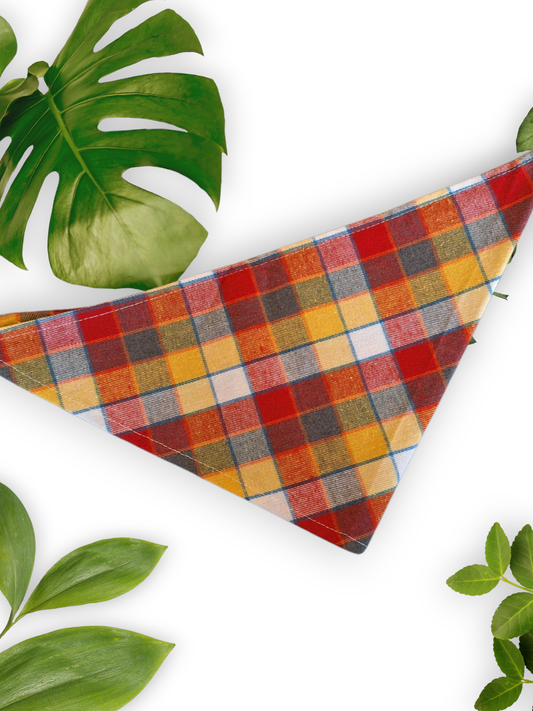 A red and yellow plaid patterned neck tie bandana laid out flat with surrounding green leaves.