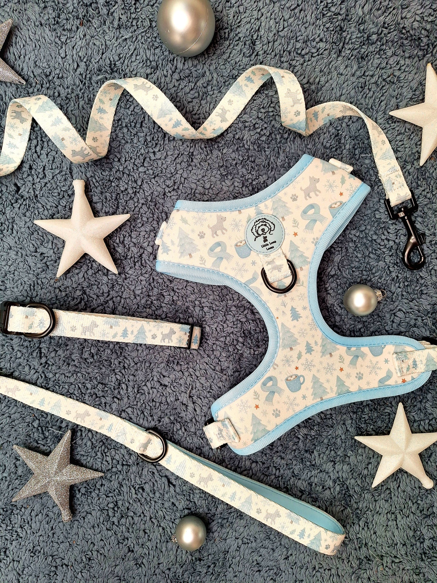 Dog harness and leash set with star pattern on a textured surface
