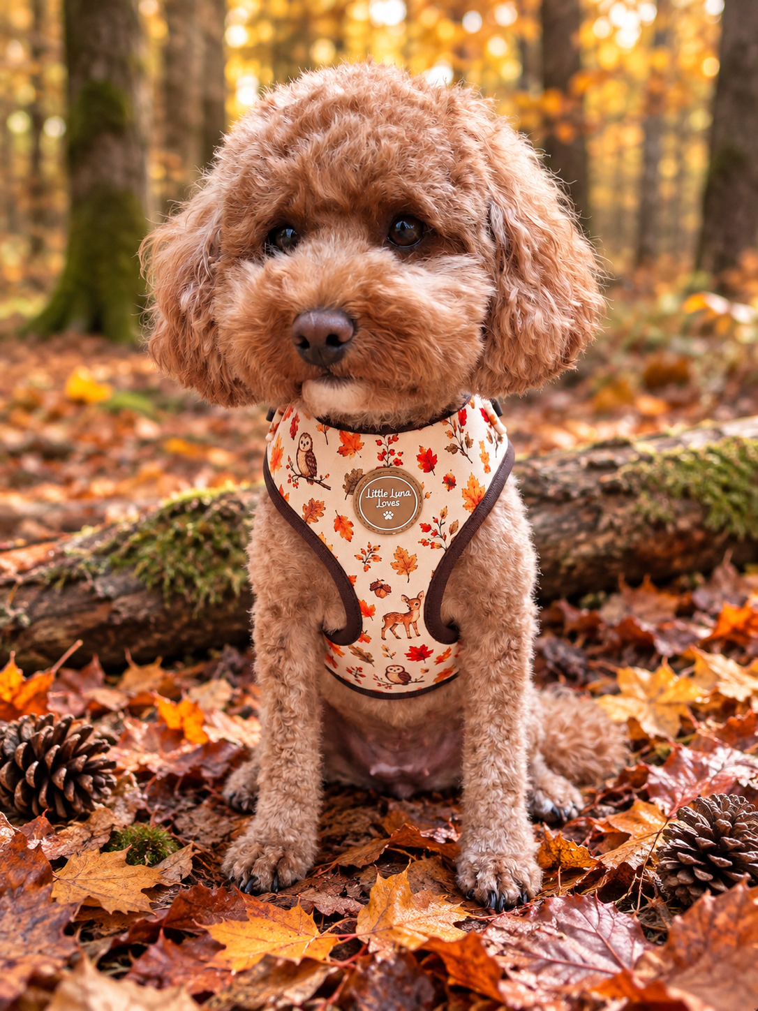 A small curly-haired brown dog sits on a forest floor covered in autumn leaves, wearing a patterned harness with a circular logo that reads 'The Dog Life'.