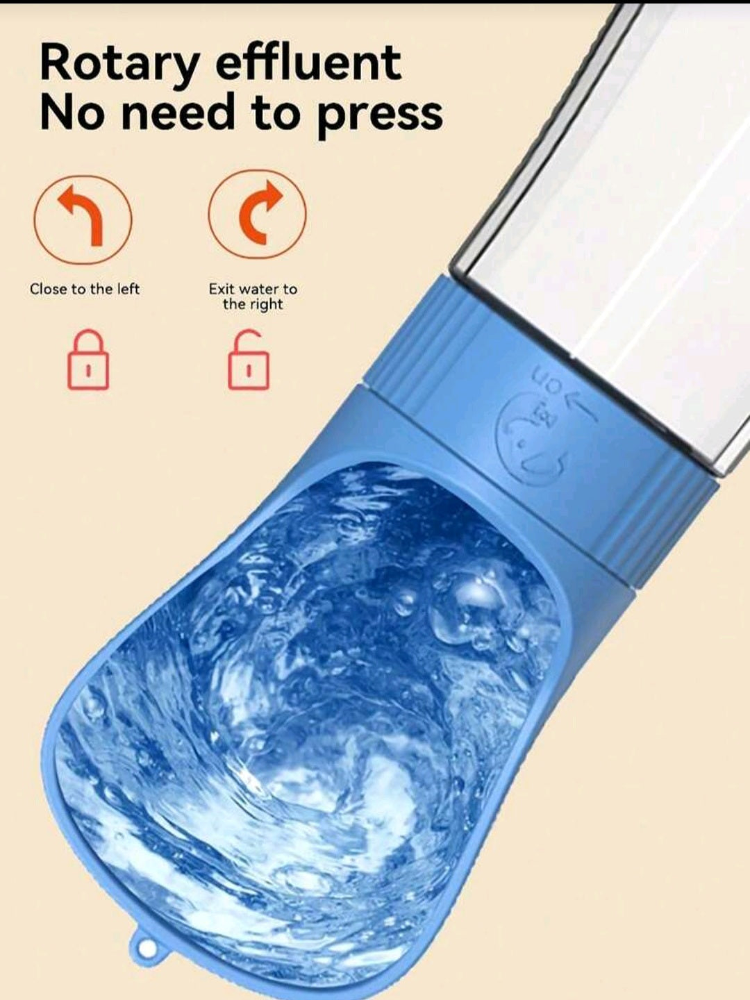 Blue rotary effluent device with text and icons on a beige background