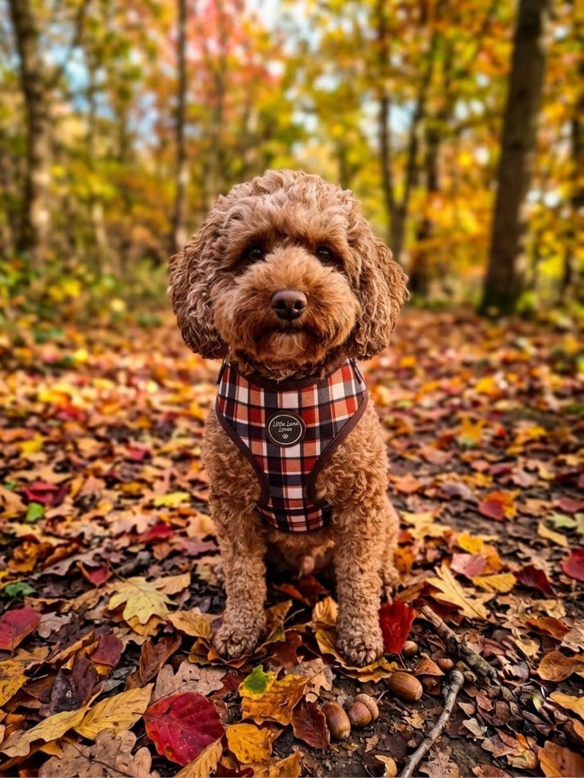 A small brown curly-haired dog sits on a forest floor covered in autumn leaves, wearing a red, black, and white plaid harness with a round black logo badge.