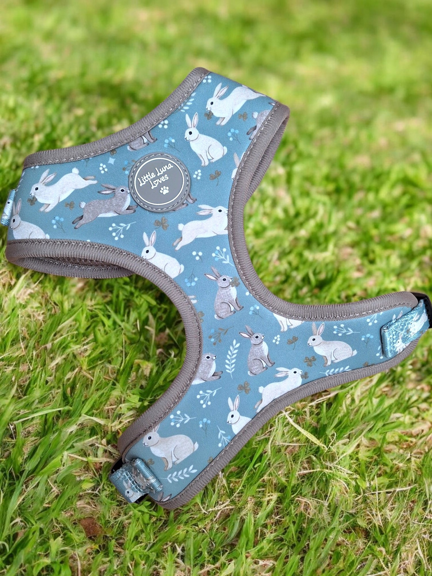 Sage green pet harness with rabbit pattern on grass