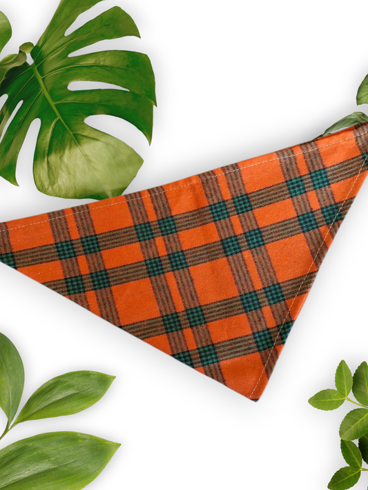 An orange plaid neck tie bandana laid out flat with a triangular shape, surrounded by green leaves.