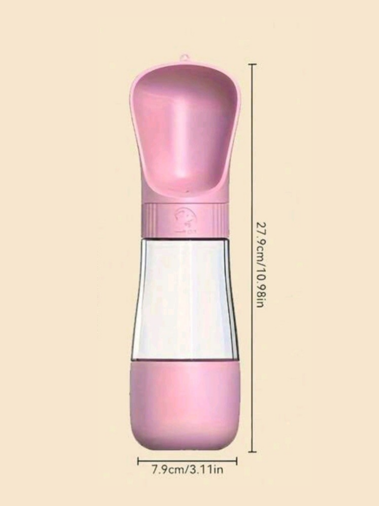 Pink and clear bottle with measurements on a beige background