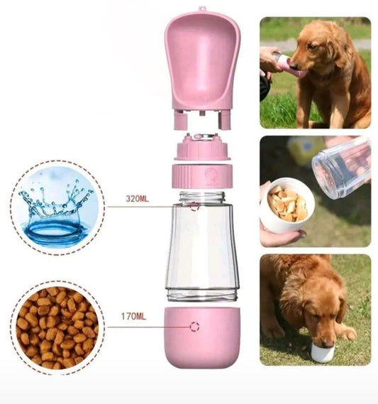 Pink pet water bottle with measurements and usage scenarios on a white background