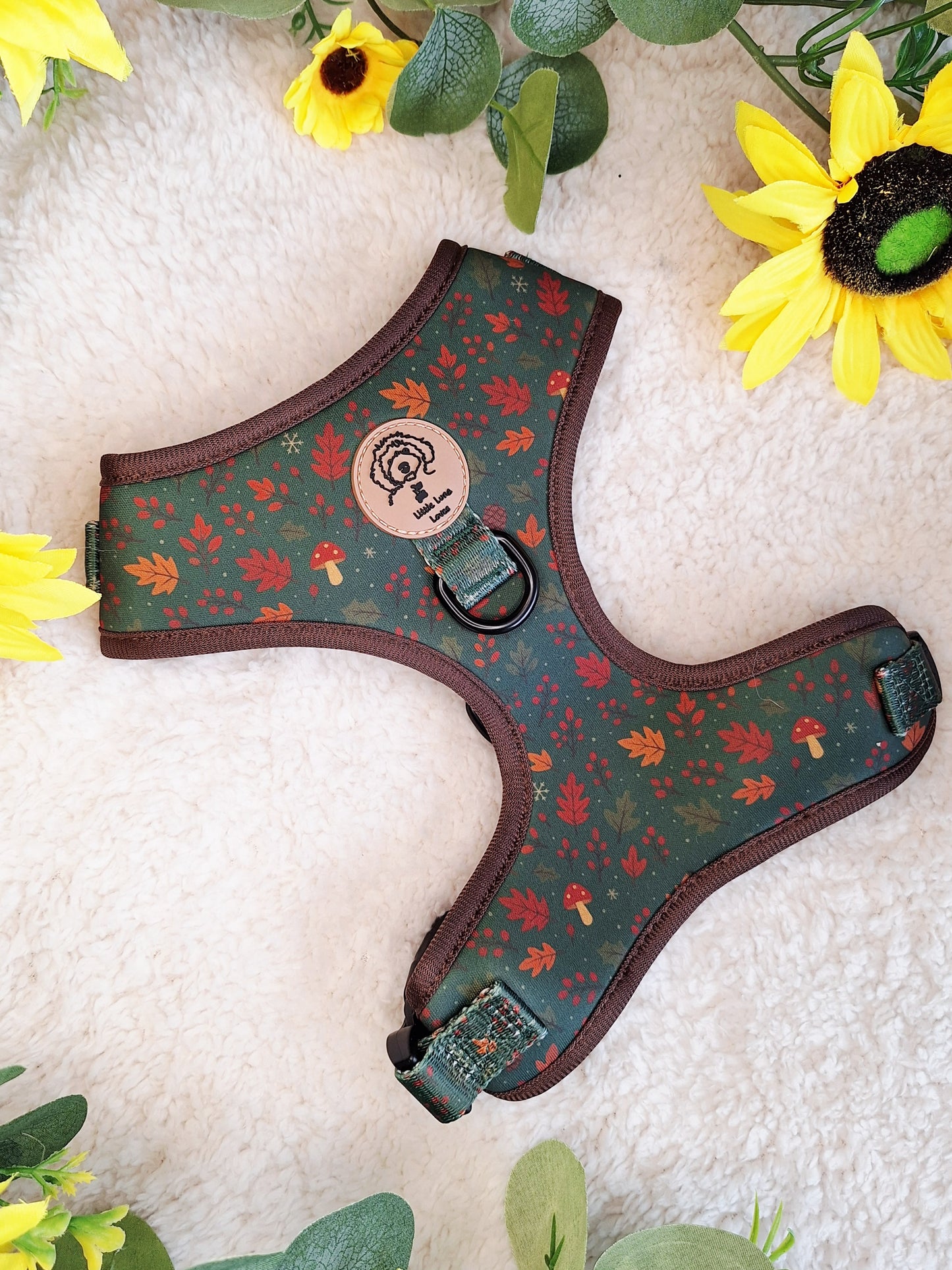 Adjustable neoprene dog harness with a green background and autumn leaves design 