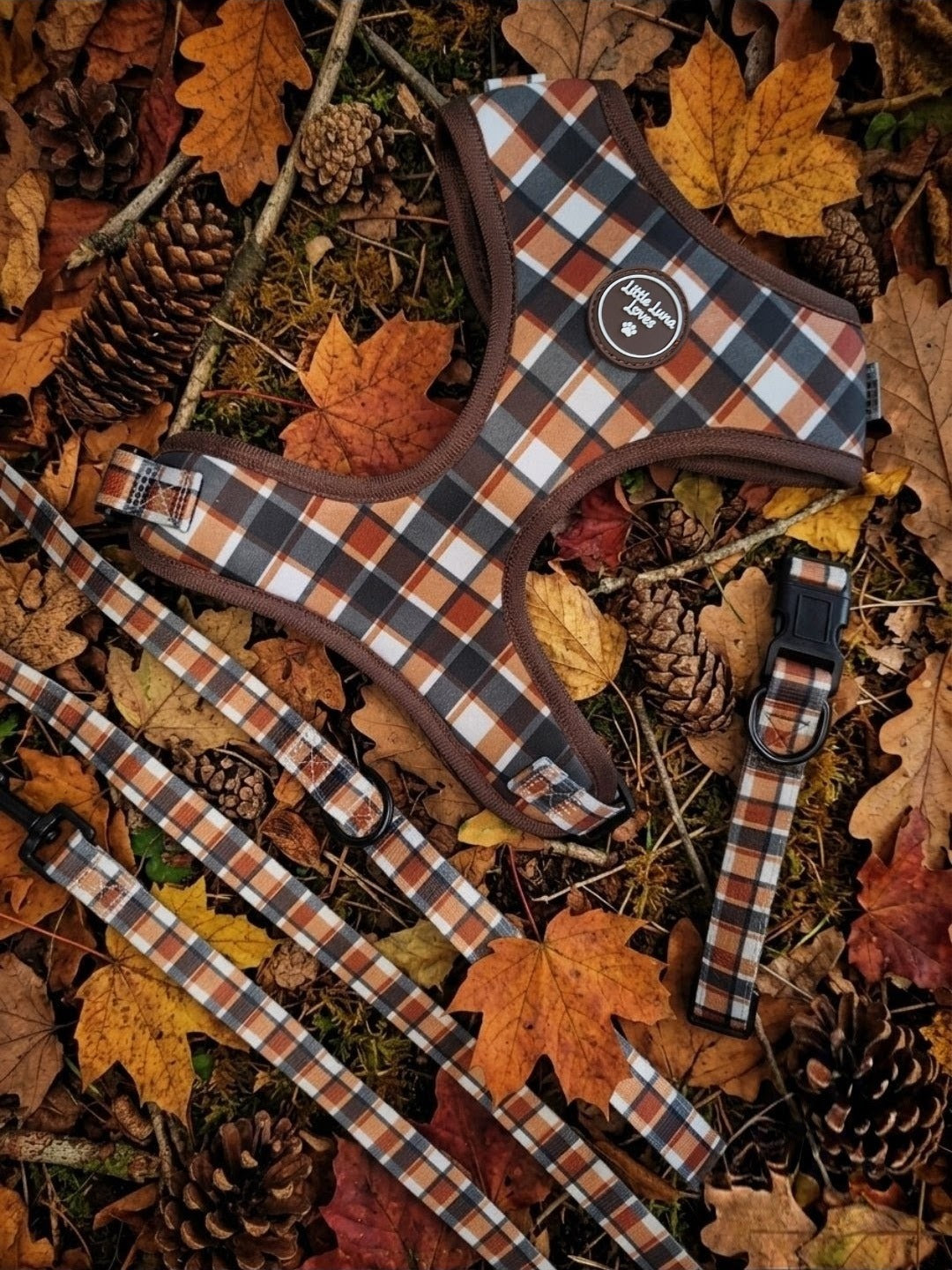 A plaid dog harness and matching leash laid out on a bed of autumn leaves, pinecones, and twigs. The harness has a brown, orange, black, and white plaid pattern with brown trim, and a circular logo patch is visible on the chest area.