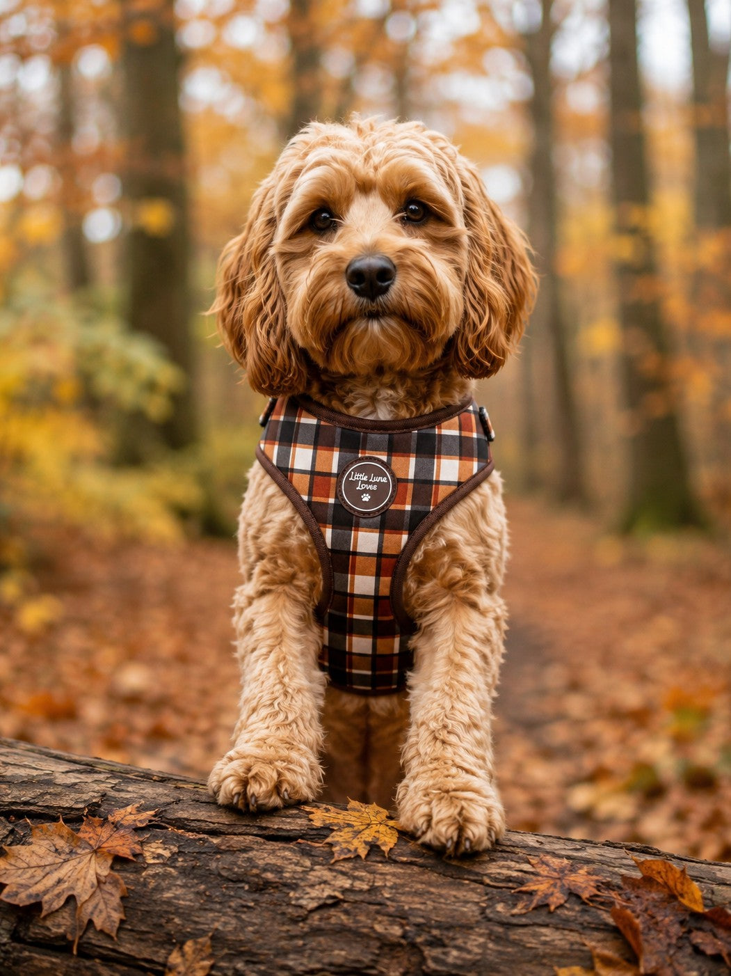 A small curly-haired dog stands on a fallen log in an autumn forest, wearing a plaid harness in brown, orange, and black.